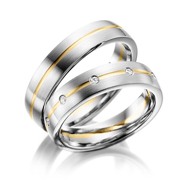 Pair bicolor wedding bands in White gold 375- Yellow gold 9K (375/1000) with in total 0,2 ct. brilliant tw,si by Steinberg - Q-1230-2 Pair bicolor wedding bands in White gold 375- Yellow gold 9K (375/1000) with in total 0,2 ct. brilliant tw,si by Steinberg - Q-1230-2