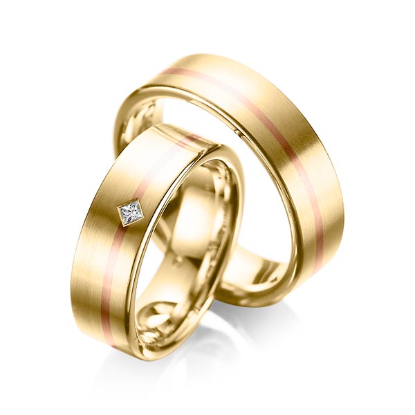 Pair bicolor wedding bands in Yellow gold 14K (585/1000) Red gold 14K (585/1000) with in total 0,03 ct. princess diamond tw,si by acredo - A-1060-1 Pair bicolor wedding bands in Yellow gold 14K (585/1000) Red gold 14K (585/1000) with in total 0,03 ct. princess diamond tw,si by acredo - A-1060-1