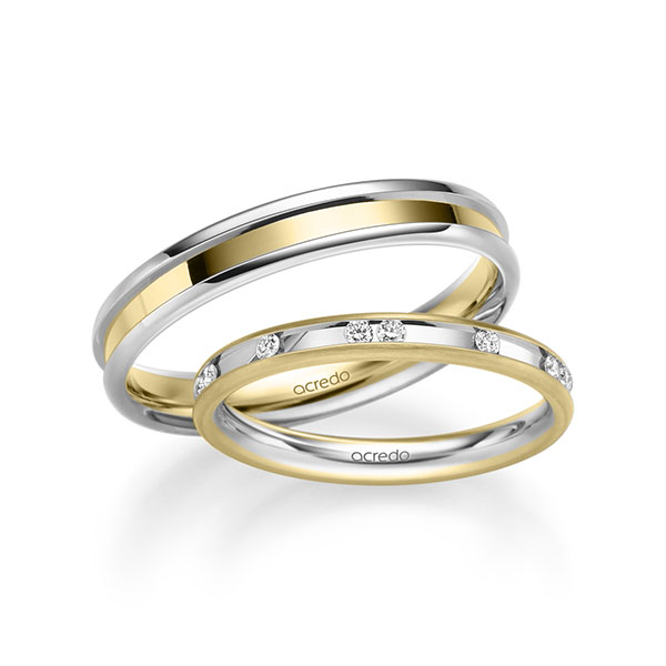 Pair bicolor wedding bands in Yellow gold 14K (585/1000) White gold 14K (585/1000) with in total 0,225 ct. brilliant tw,si by acredo - A-2224-2 Pair bicolor wedding bands in Yellow gold 14K (585/1000) White gold 14K (585/1000) with in total 0,225 ct. brilliant tw,si by acredo - A-2224-2