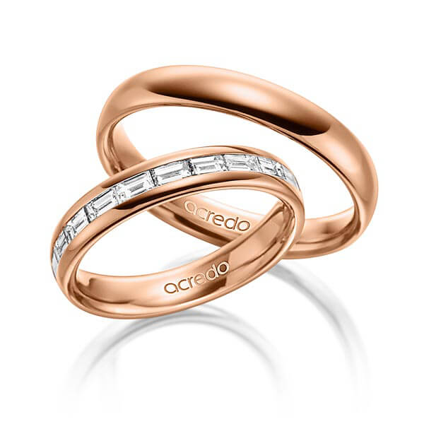 Pair classic memoire- wedding bands in outside Red gold 14K (585/1000) , inside Red gold 14K (585/1000) half set with diamonds with in total 0,8 ct. baguette diamond tw,vs by acredo - A-1530-5 Pair classic memoire- wedding bands in outside Red gold 14K (585/1000) , inside Red gold 14K (585/1000) half set with diamonds with in total 0,8 ct. baguette diamond tw,vs by acredo - A-1530-5