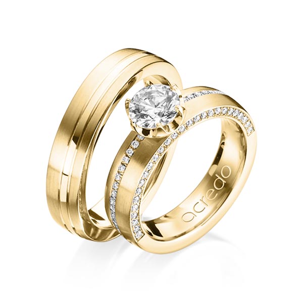Pair classic memoire- wedding bands in Yellow gold 14K (585/1000) half set with diamonds with 0,7 ct. + in total 0,275 ct. brilliant tw,si tw,vs by acredo - A-1202-5 Pair classic memoire- wedding bands in Yellow gold 14K (585/1000) half set with diamonds with 0,7 ct. + in total 0,275 ct. brilliant tw,si tw,vs by acredo - A-1202-5