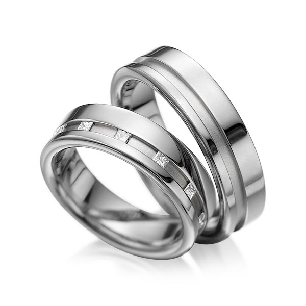 Pair classic wedding bands in dark grey gold 585 with in total 0,36 ct. princess diamond tw,si by acredo - A-1024-5 Pair classic wedding bands in dark grey gold 585 with in total 0,36 ct. princess diamond tw,si by acredo - A-1024-5