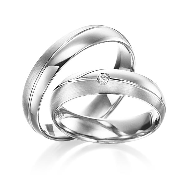 Pair classic wedding bands in Gray gold 14K (585/1000) with in total 0,02 ct. brilliant tw,si by Steinberg - Q-1388-20 Pair classic wedding bands in Gray gold 14K (585/1000) with in total 0,02 ct. brilliant tw,si by Steinberg - Q-1388-20