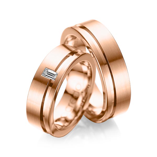 Pair classic wedding bands in Red gold 14K (585/1000) with in total 0,12 ct. princess diamond tw,vs by acredo - A-1017-6 Pair classic wedding bands in Red gold 14K (585/1000) with in total 0,12 ct. princess diamond tw,vs by acredo - A-1017-6