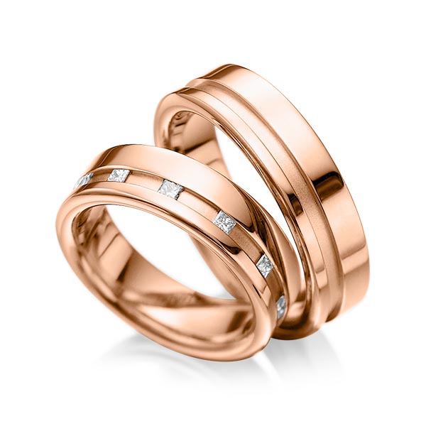Pair classic wedding bands in Red gold 14K (585/1000) with in total 0,36 ct. princess diamond tw,si by acredo - A-1024-6 Pair classic wedding bands in Red gold 14K (585/1000) with in total 0,36 ct. princess diamond tw,si by acredo - A-1024-6