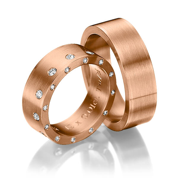 Pair classic wedding bands in Red gold 14K (585/1000) with in total 0,48 ct. brilliant tw,si by Steinberg - Q-1215-9 Pair classic wedding bands in Red gold 14K (585/1000) with in total 0,48 ct. brilliant tw,si by Steinberg - Q-1215-9