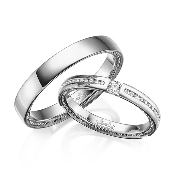 Pair classic wedding bands in White gold 14K (585/1000) with in total 0,495 ct. brilliant tw,si by Steinberg - Q-1656-4 Pair classic wedding bands in White gold 14K (585/1000) with in total 0,495 ct. brilliant tw,si by Steinberg - Q-1656-4