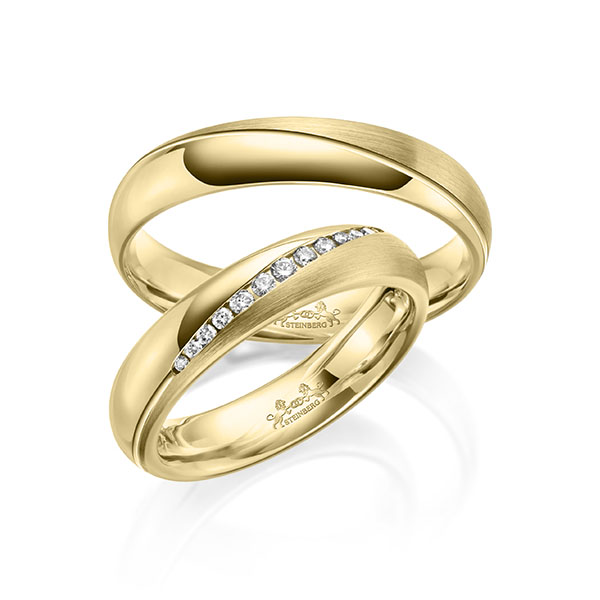 Pair classic wedding bands in Yellow gold 14K (585/1000) with in total 0,14 ct. brilliant tw,si by Steinberg - Q-1626-1 Pair classic wedding bands in Yellow gold 14K (585/1000) with in total 0,14 ct. brilliant tw,si by Steinberg - Q-1626-1