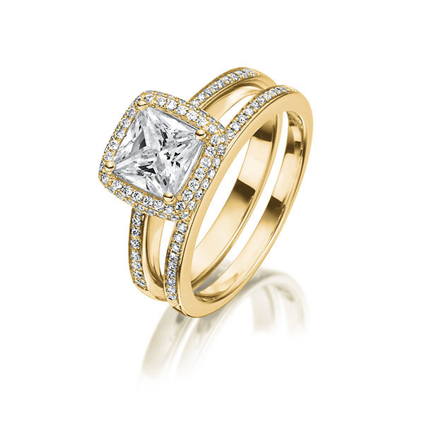 Ring-Set in geelgoud 18 kt. met 0,7 ct. + in totaal 0,32 ct. Princess-Diamant tw,vs van Steinberg - Q-1410-2 Ring-Set in geelgoud 18 kt. met 0,7 ct. + in totaal 0,32 ct. Princess-Diamant tw,vs van Steinberg - Q-1410-2
