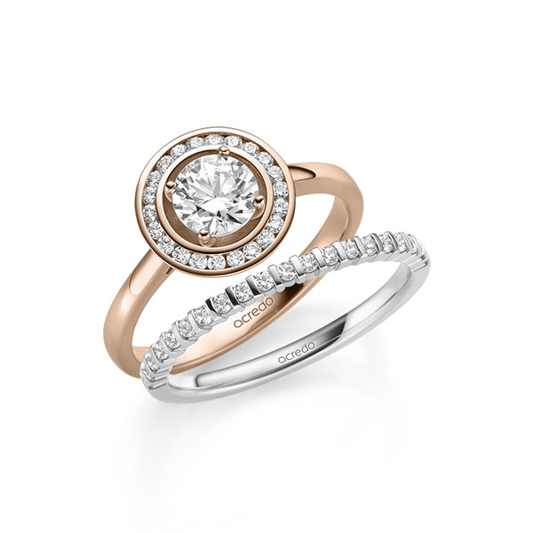 Ring-Set in roodgoud 14 kt. met 0,7 ct. + in totaal 0,386 ct. Briljant tw/si tw,vs van acredo