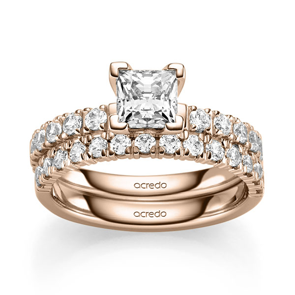 Ring-Set in roodgoud 14 kt. met 0,7 ct. + in totaal 0,93 ct. Princess-Diamant & Briljant tw,vs tw/si van acredo