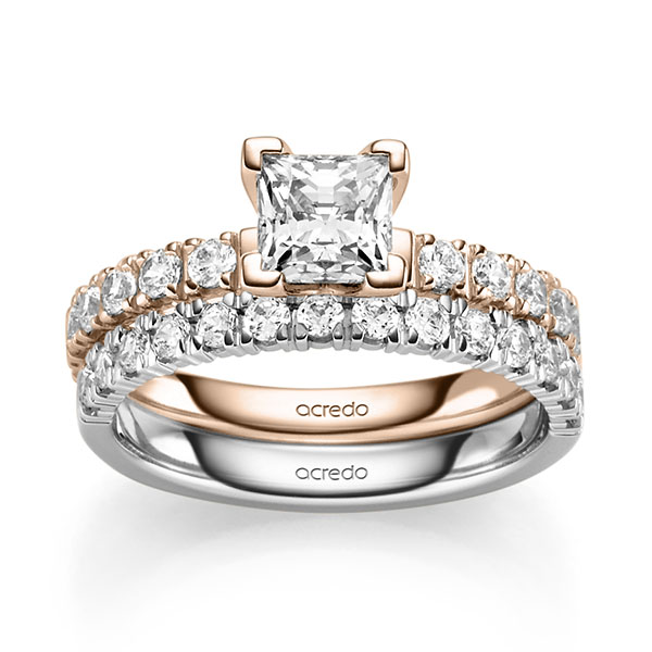 Ring-Set in roodgoud 14 kt. met 0,7 ct. + in totaal 0,93 ct. Princess-Diamant & Briljant tw,vs tw/si van acredo