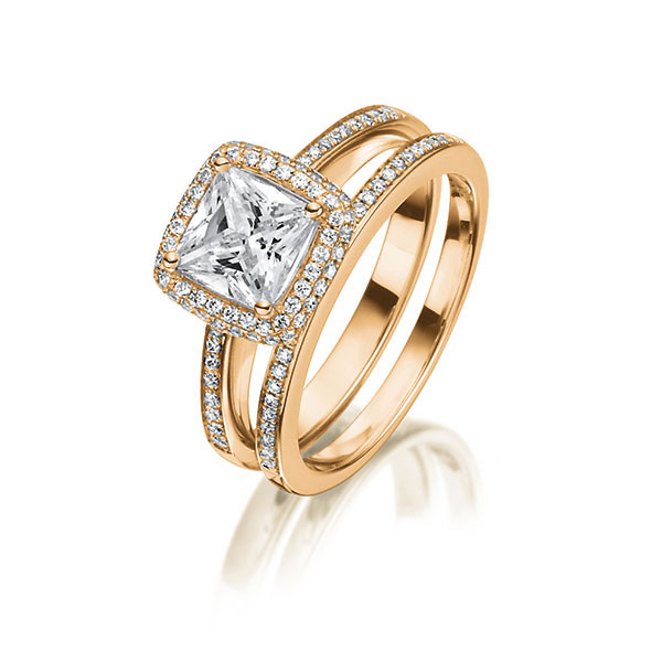 Ring-Set in roodgoud 18 kt. met 0,7 ct. + in totaal 0,32 ct. Princess-Diamant tw,vs van Steinberg