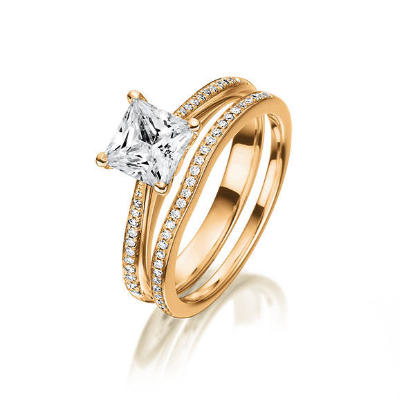 Ring-Set in Rotgold 750 mit 0,7 ct. + zus. 0,15 ct. Prinzess-Diamant tw, vs von Steinberg