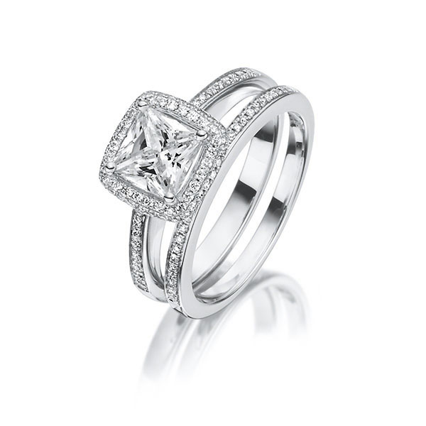 Ring-Set in witgoud 18 kt. met 0,7 ct. + in totaal 0,32 ct. Princess-Diamant tw,vs van Steinberg - Q-1410-1 Ring-Set in witgoud 18 kt. met 0,7 ct. + in totaal 0,32 ct. Princess-Diamant tw,vs van Steinberg - Q-1410-1
