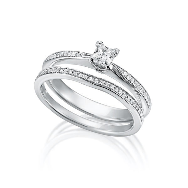Ring-Set in witgoud 18 kt. met in totaal 0,4 ct. Princess-Diamant tw,vs van Steinberg - Q-1426-4 Ring-Set in witgoud 18 kt. met in totaal 0,4 ct. Princess-Diamant tw,vs van Steinberg - Q-1426-4