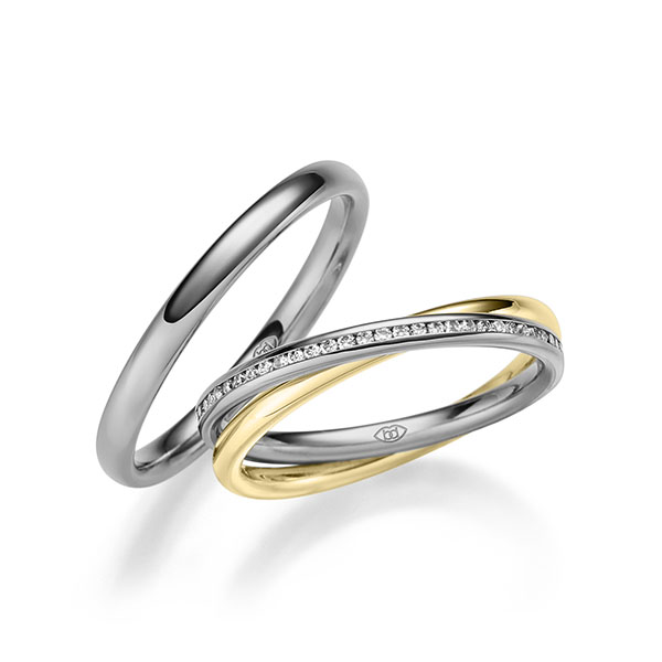 Set Bicolor Memoire-trouwringen in 600 Platinahoudend metaal (60%) geelgoud 14 kt. volledig gezet met in totaal 0,32 ct. Briljant tw/si van Eternal Touch