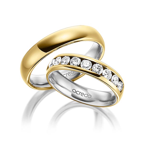 Set Bicolor Memoire-trouwringen in buiten geelgoud 14 kt. , binnen grijsgoud 14 kt. half gezet met in totaal 1,1 ct. Briljant tw/si van acredo - A-1534-1