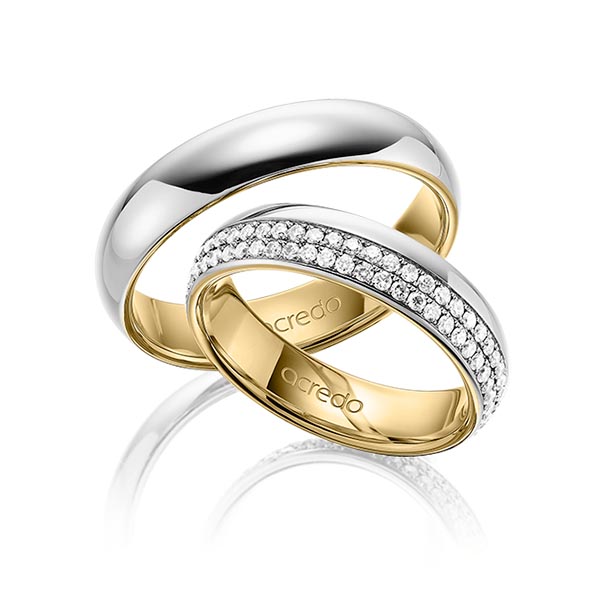 Set Bicolor Memoire-trouwringen in buiten grijsgoud 14 kt. , binnen geelgoud 14 kt. volledig gezet met in totaal 0,752 ct. Briljant tw/si van acredo - A-1536-1