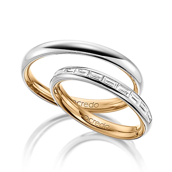 Set Bicolor Memoire-trouwringen in buiten grijsgoud 14 kt. , binnen roségoud 14 kt. half gezet met in totaal 0,5 ct. Baguette-Diamant tw,vs van acredo - A-1532-1 Set Bicolor Memoire-trouwringen in buiten grijsgoud 14 kt. , binnen roségoud 14 kt. half gezet met in totaal 0,5 ct. Baguette-Diamant tw,vs van acredo - A-1532-1