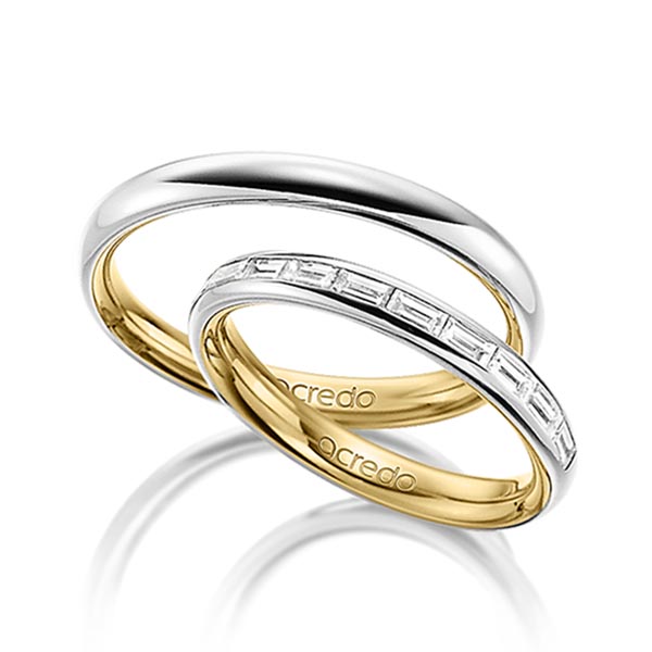 Set Bicolor Memoire-trouwringen in buiten platina 950 , binnen geelgoud 18 kt. half gezet met in totaal 0,5 ct. Baguette-Diamant tw,vs van acredo - A-1532-10