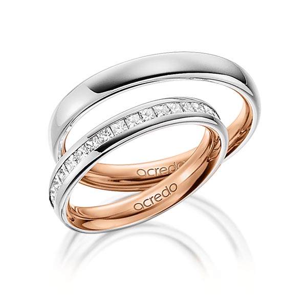Set Bicolor Memoire-trouwringen in buiten platina 950 , binnen roodgoud 18 kt. half gezet met in totaal 0,54 ct. Princess-Diamant tw/si van acredo - A-1531-11