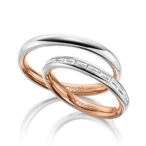 Set Bicolor Memoire-trouwringen in buiten platina 950 , binnen roodgoud 18 kt. half gezet met in totaal 0,5 ct. Baguette-Diamant tw,vs van acredo - A-1532-11