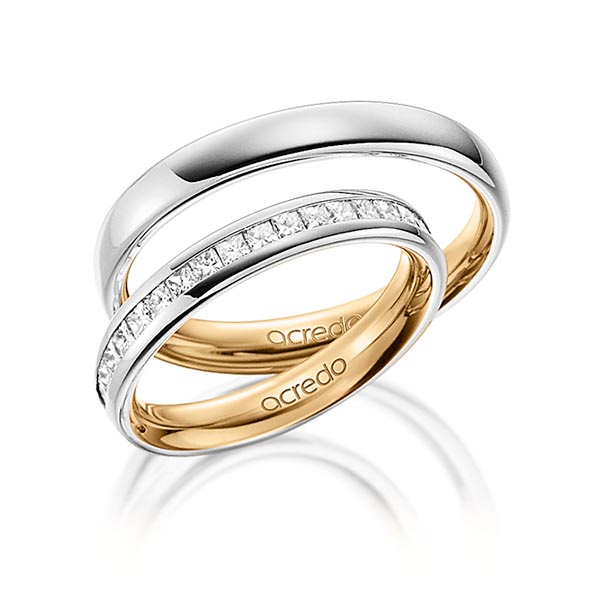 Set Bicolor Memoire-trouwringen in buiten platina 950 , binnen roségoud 18 kt. half gezet met in totaal 0,57 ct. Princess-Diamant tw/si van acredo - A-1531-10