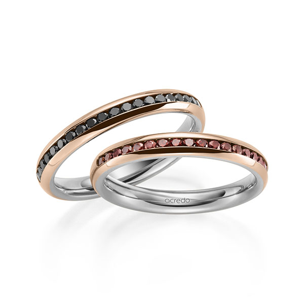 Set Bicolor Memoire-trouwringen in buiten roodgoud 14 kt. , binnen grijsgoud 14 kt. half gezet met in totaal 0,63 ct. Briljant Red Cherry Zwart van acredo