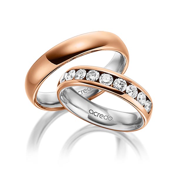 Set Bicolor Memoire-trouwringen in buiten roodgoud 14 kt. , binnen grijsgoud 14 kt. half gezet met in totaal 1,1 ct. Briljant tw/si van acredo - A-1534-2 Set Bicolor Memoire-trouwringen in buiten roodgoud 14 kt. , binnen grijsgoud 14 kt. half gezet met in totaal 1,1 ct. Briljant tw/si van acredo - A-1534-2