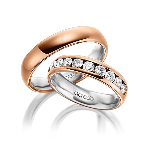Set Bicolor Memoire-trouwringen in buiten roodgoud 18 kt. , binnen platina 950 half gezet met in totaal 1,1 ct. Briljant tw/si van acredo - A-1534-11