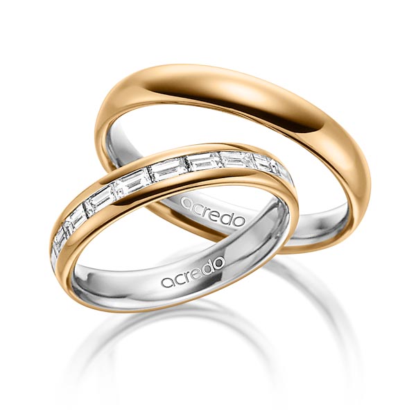 Set Bicolor Memoire-trouwringen in buiten roségoud 14 kt. , binnen grijsgoud 14 kt. half gezet met in totaal 0,8 ct. Baguette-Diamant tw,vs van acredo - A-1530-1 Set Bicolor Memoire-trouwringen in buiten roségoud 14 kt. , binnen grijsgoud 14 kt. half gezet met in totaal 0,8 ct. Baguette-Diamant tw,vs van acredo - A-1530-1