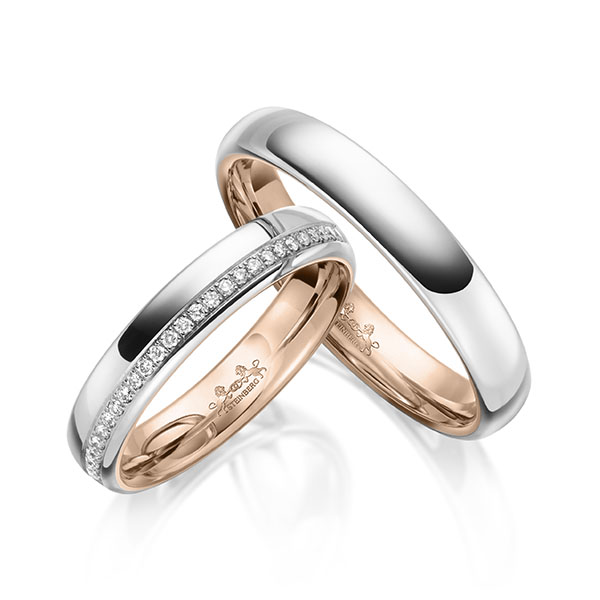 Set Bicolor Memoire-trouwringen in buiten witgoud 14 kt. , binnen roodgoud 14 kt. half gezet met in totaal 0,14 ct. Briljant tw/si van Steinberg - Q-1636-2 Set Bicolor Memoire-trouwringen in buiten witgoud 14 kt. , binnen roodgoud 14 kt. half gezet met in totaal 0,14 ct. Briljant tw/si van Steinberg - Q-1636-2