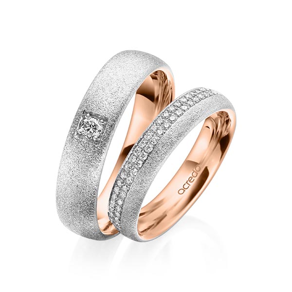 Set Bicolor Memoire-trouwringen in buiten witgoud 14 kt. , binnen roodgoud 14 kt. half gezet met in totaal 0,36 ct. Briljant tw/si van acredo - A-2026-11