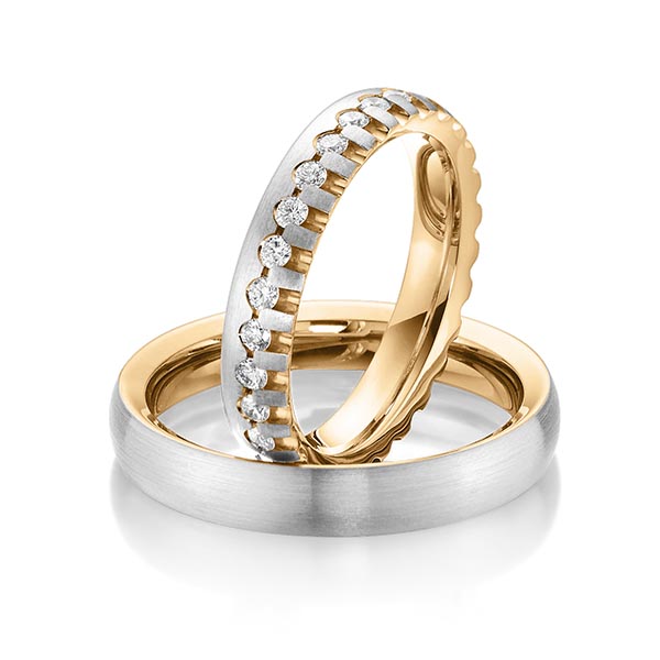 Set Bicolor Memoire-trouwringen in buiten witgoud 14 kt. , binnen roségoud 14 kt. volledig gezet met in totaal 0,85 ct. Briljant tw/si van Steinberg - Q-1470-4