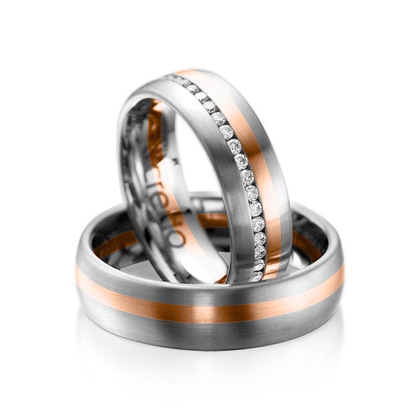 Set Bicolor Memoire-trouwringen in dark grey gold 14 kt. roodgoud 14 kt. volledig gezet met in totaal 0,46 ct. Briljant tw/si van acredo - A-1014-15