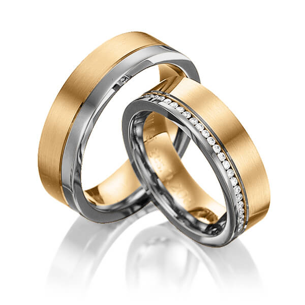 Set Bicolor Memoire-trouwringen in dark grey gold 14 kt. roségoud 14 kt. volledig gezet met in totaal 0,384 ct. Briljant tw/si van Eternal Touch