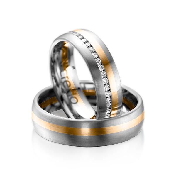 Set Bicolor Memoire-trouwringen in dark grey gold 14 kt. roségoud 14 kt. volledig gezet met in totaal 0,46 ct. Briljant tw/si van acredo - A-1014-14