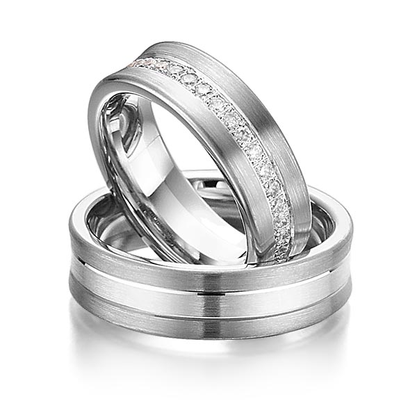 Set Bicolor Memoire-trouwringen in dark grey gold 14 kt. witgoud 14 kt. volledig gezet met in totaal 0,74 ct. Briljant tw/si van Steinberg - Q-1073-6