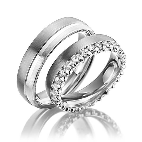 Set Bicolor Memoire-trouwringen in dark grey gold 14 kt. witgoud 14 kt. volledig gezet met in totaal 1,3 ct. Briljant tw/si van Steinberg