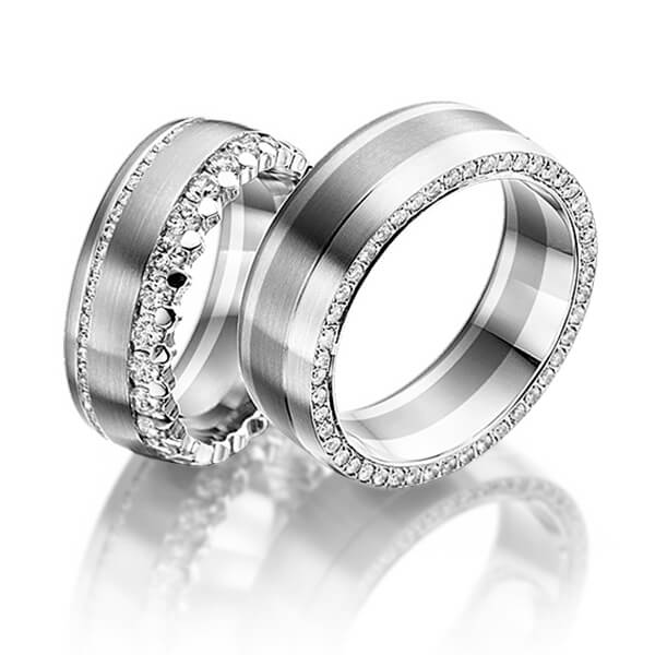 Set Bicolor Memoire-trouwringen in dark grey gold 14 kt. witgoud 14 kt. volledig gezet met in totaal 2,15 ct. Briljant tw/si van Steinberg