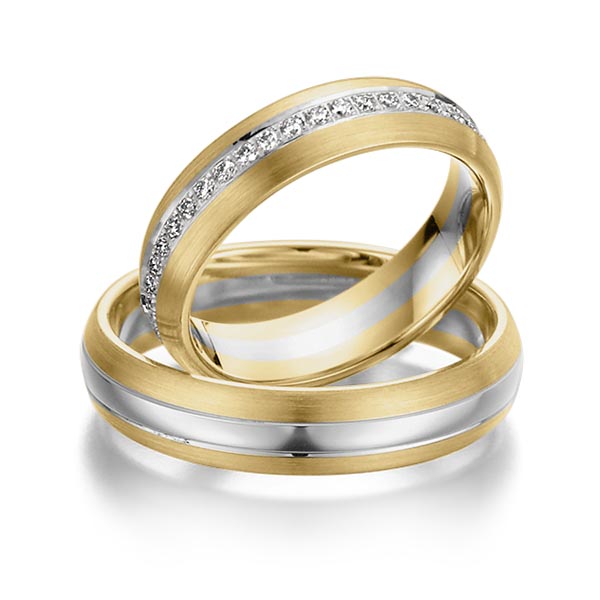 Set Bicolor Memoire-trouwringen in geelgoud 14 kt. grijsgoud 14 kt. volledig gezet met in totaal 0,46 ct. Briljant tw/si van Steinberg - Q-1072-5