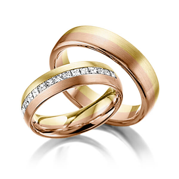 Set Bicolor Memoire-trouwringen in geelgoud 14 kt. roodgoud 14 kt. half gezet met in totaal 0,68 ct. Princess-Diamant tw/si van Eternal Touch