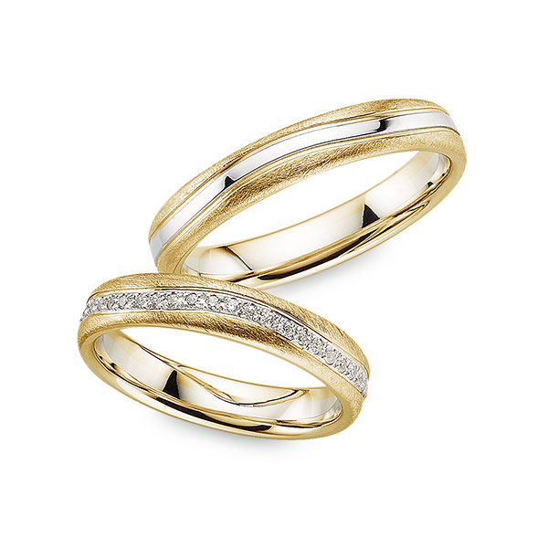 Set Bicolor Memoire-trouwringen in geelgoud 14 kt. witgoud 14 kt. volledig gezet met in totaal 0,27 ct. Briljant tw/si van Merii