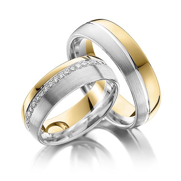 Set Bicolor Memoire-trouwringen in geelgoud 14 kt. witgoud 14 kt. volledig gezet met in totaal 0,43 ct. Briljant tw/si van Steinberg - Q-1093-1