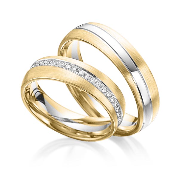 Set Bicolor Memoire-trouwringen in geelgoud 14 kt. witgoud 14 kt. volledig gezet met in totaal 0,46 ct. Briljant tw/si van Steinberg - Q-1105-6 Set Bicolor Memoire-trouwringen in geelgoud 14 kt. witgoud 14 kt. volledig gezet met in totaal 0,46 ct. Briljant tw/si van Steinberg - Q-1105-6