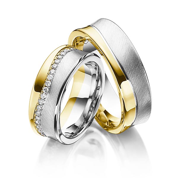 Set Bicolor Memoire-trouwringen in geelgoud 14 kt. witgoud 14 kt. volledig gezet met in totaal 0,47 ct. Briljant tw/si van Steinberg - Q-1193-5 Set Bicolor Memoire-trouwringen in geelgoud 14 kt. witgoud 14 kt. volledig gezet met in totaal 0,47 ct. Briljant tw/si van Steinberg - Q-1193-5