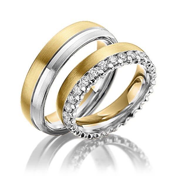 Set Bicolor Memoire-trouwringen in geelgoud 14 kt. witgoud 14 kt. volledig gezet met in totaal 1,3 ct. Briljant tw/si van Steinberg - Q-1145-1 Set Bicolor Memoire-trouwringen in geelgoud 14 kt. witgoud 14 kt. volledig gezet met in totaal 1,3 ct. Briljant tw/si van Steinberg - Q-1145-1