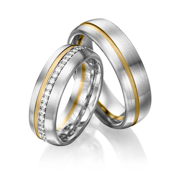 Set Bicolor Memoire-trouwringen in grijsgoud 14 kt. geelgoud 14 kt. half gezet met in totaal 0,176 ct. Briljant tw/si van Eternal Touch - Y-1018-1