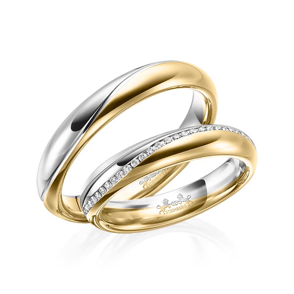 Set Bicolor Memoire-trouwringen in grijsgoud 14 kt. geelgoud 14 kt. volledig gezet met in totaal 0,31 ct. Briljant tw/si van Steinberg